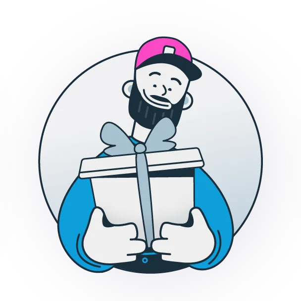 Illustration of a smiling bearded man in a pink cap holding a wrapped gift box
