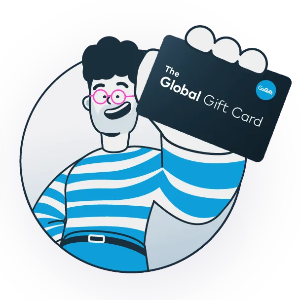 Illustration of a smiling man with glasses holding up The Global Gift Card