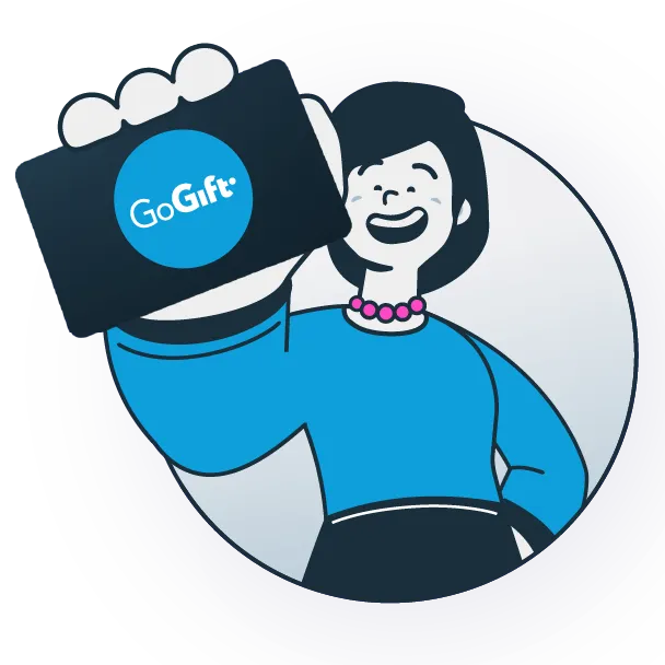 Illustration of a smiling woman holding up a GoGift gift card