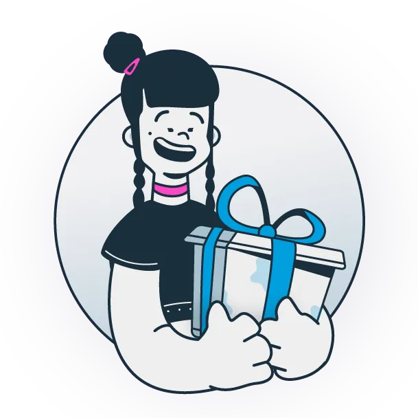 Illustration of a smiling girl with pigtails holding a wrapped gift box with a blue ribbon