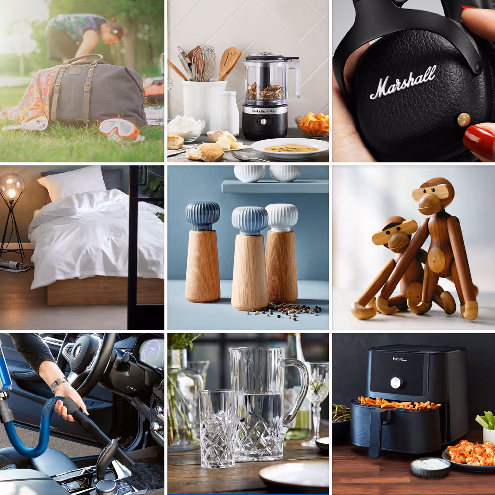 Grid of physical reward products available through GoGift's catalog, including travel gear, kitchen appliances, and home goods