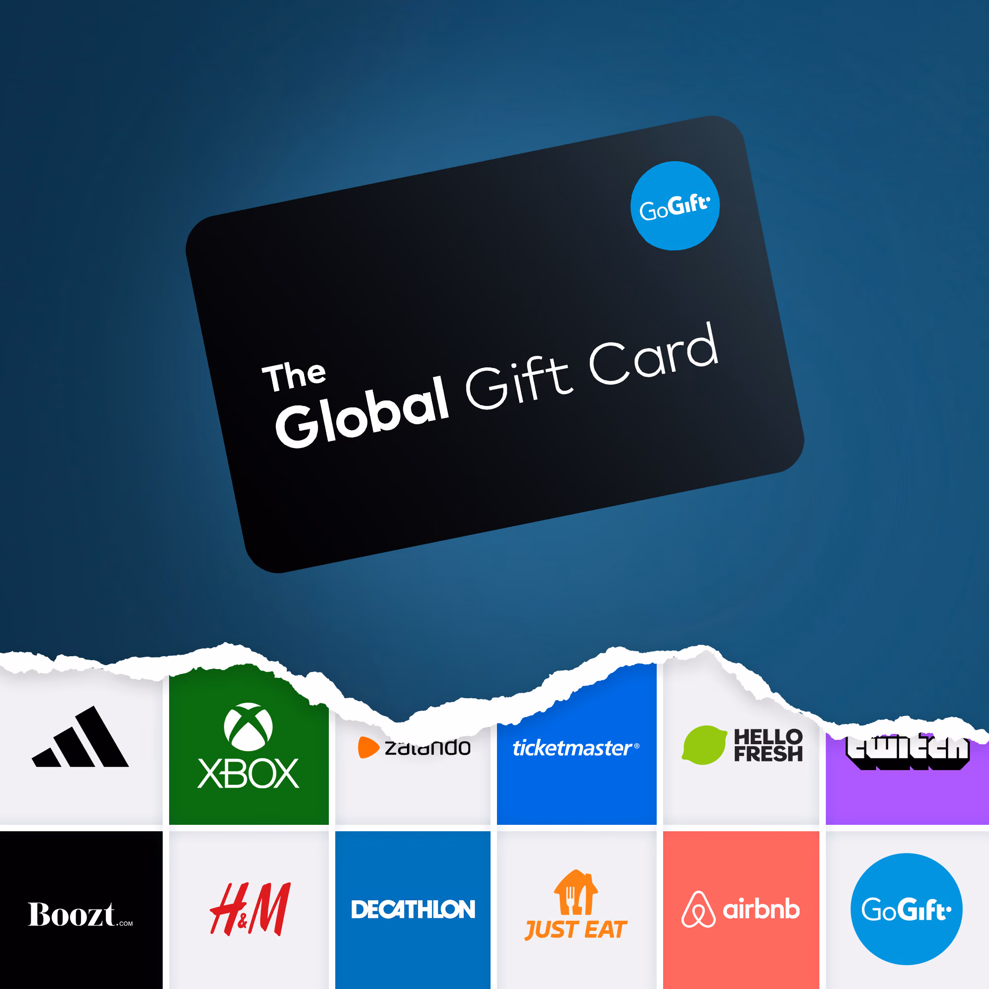The Global Gift Card with logos of redeemable brands including Amazon, Adidas, Zalando, H&M, and Airbnb