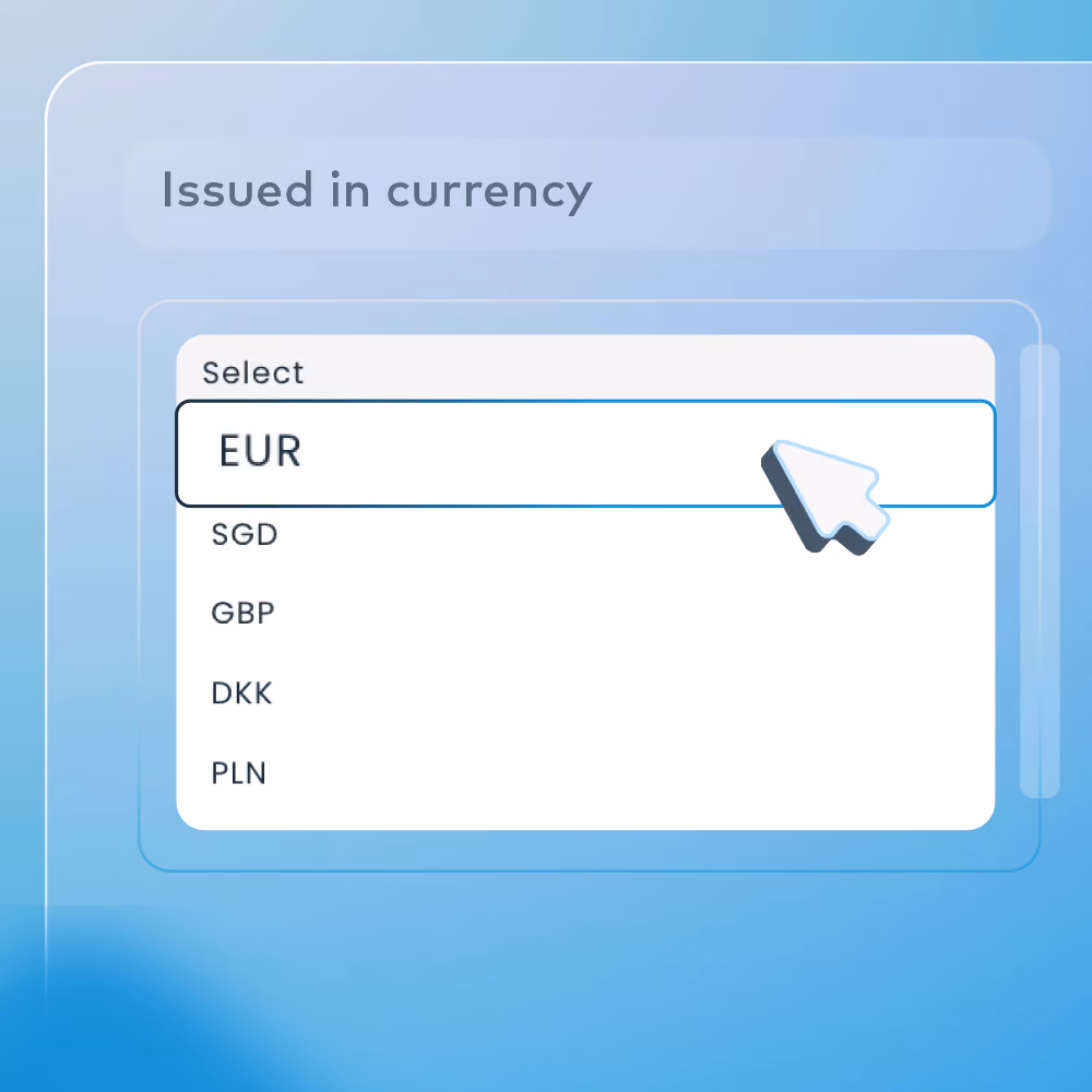 Screenshot of a currency selection dropdown showing EUR, SGD, GBP, DKK, and PLN options
