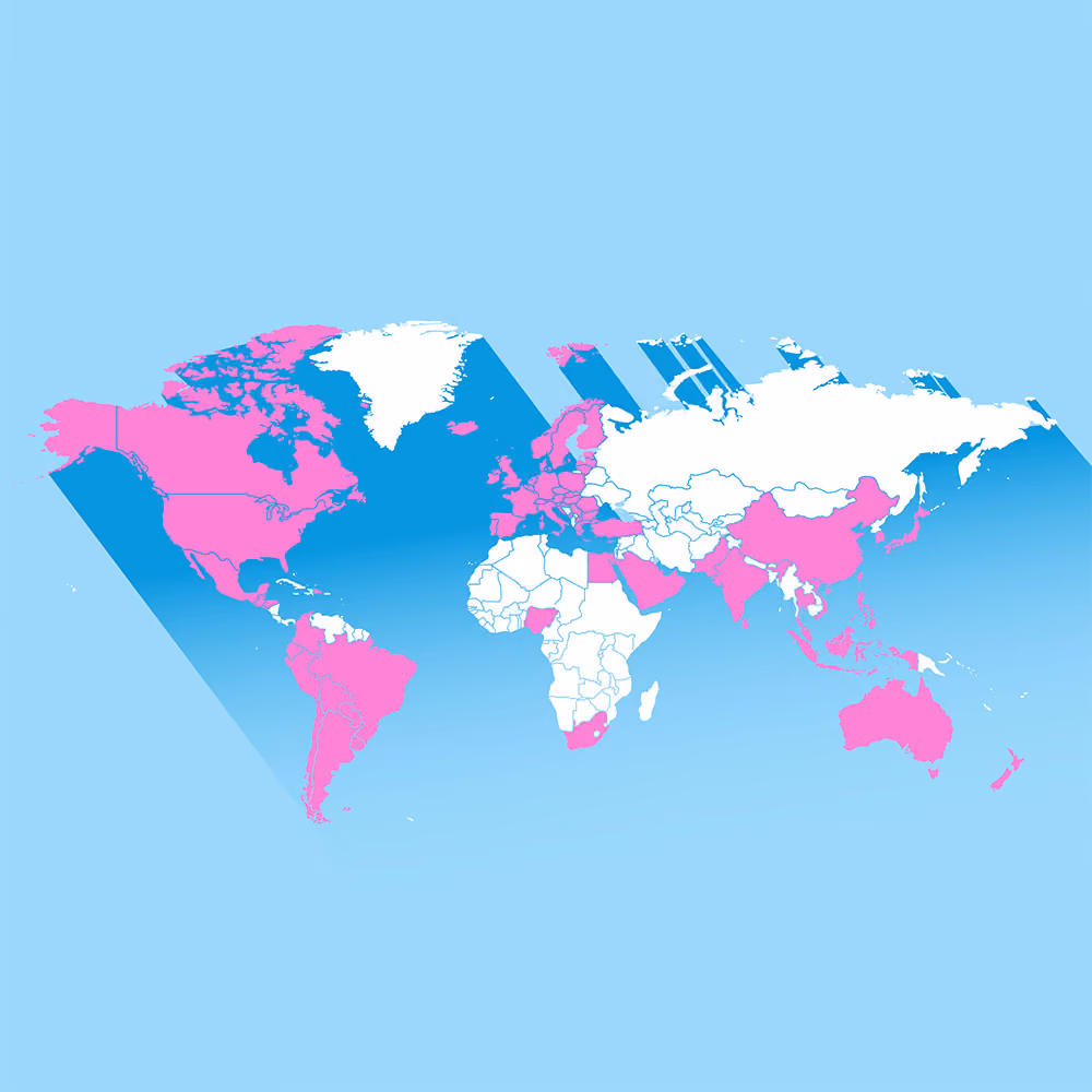 World map illustration highlighting countries reachable with the Global Gift Card