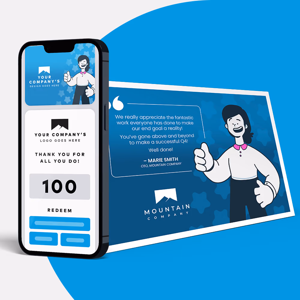 Mobile screen and card mockup showing a customizable branded thank-you gift card message