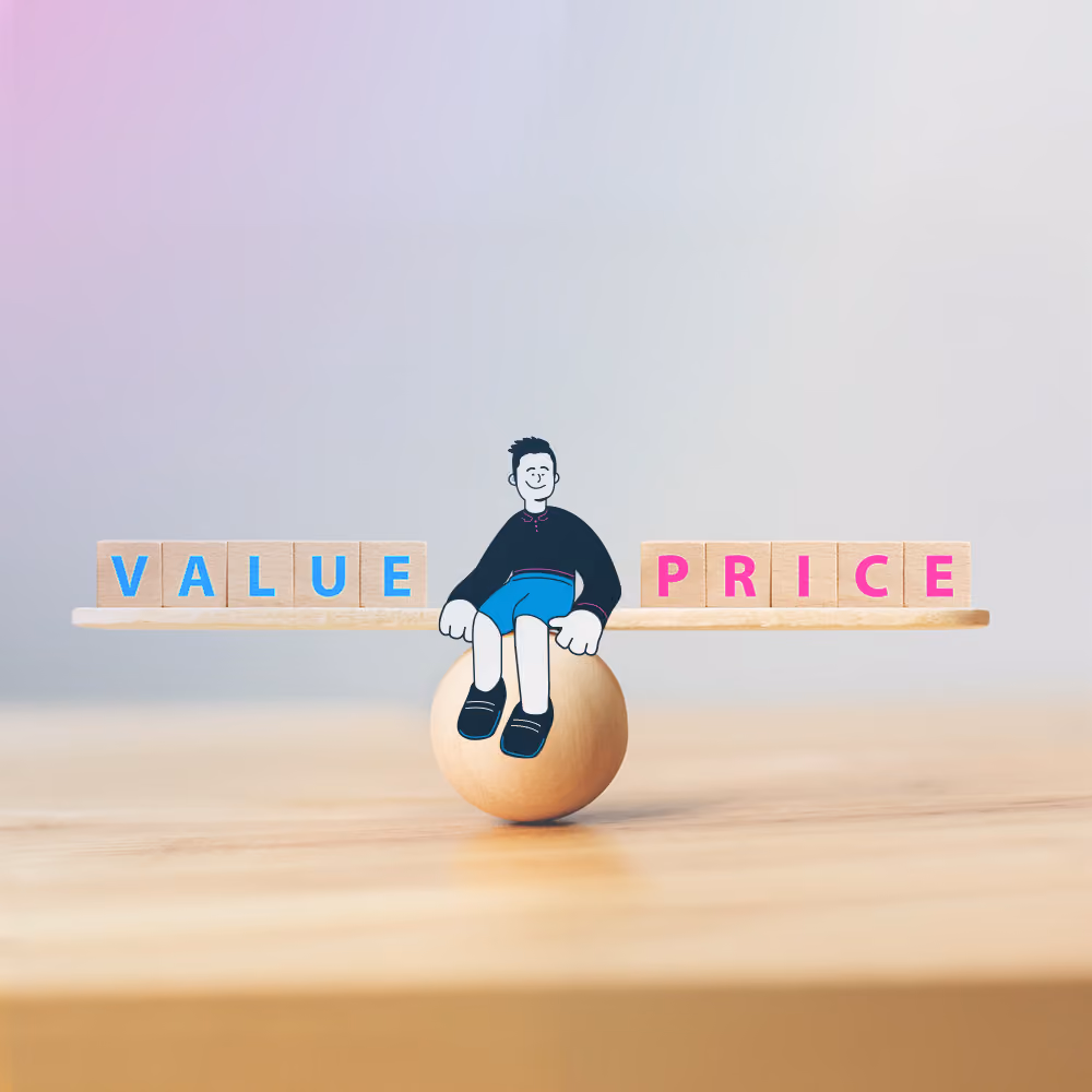 Illustration of a figure balancing on a ball between blocks spelling 'VALUE' and 'PRICE', symbolizing pricing balance