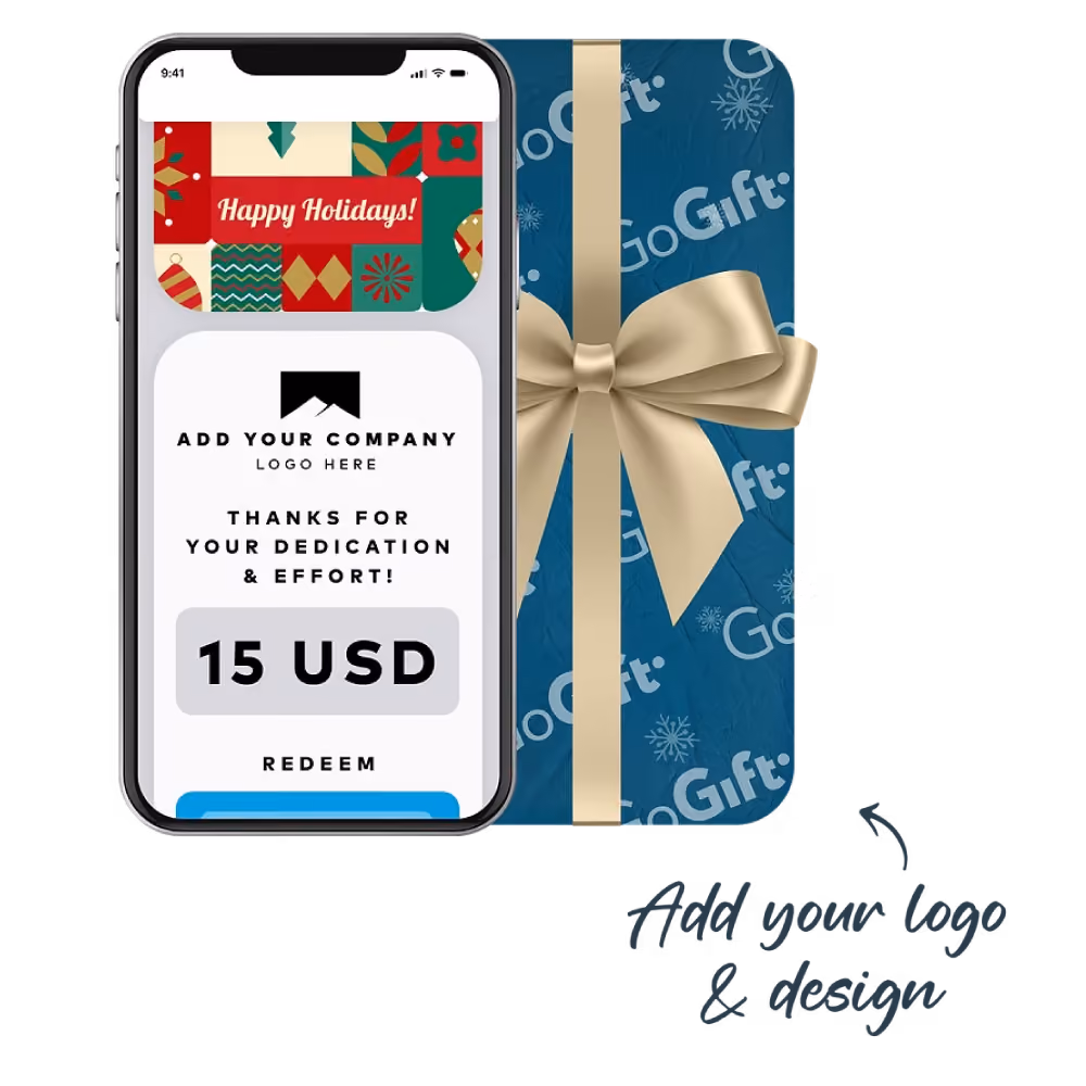 Mobile screen showing a customized Christmas gift card with company logo and personalized message