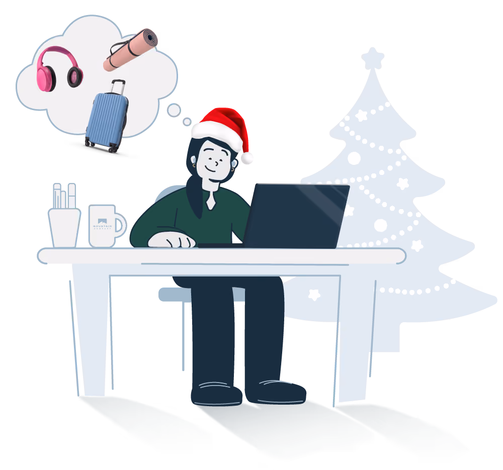 Illustration of an employee wearing a Santa hat at their desk, imagining Christmas gift options