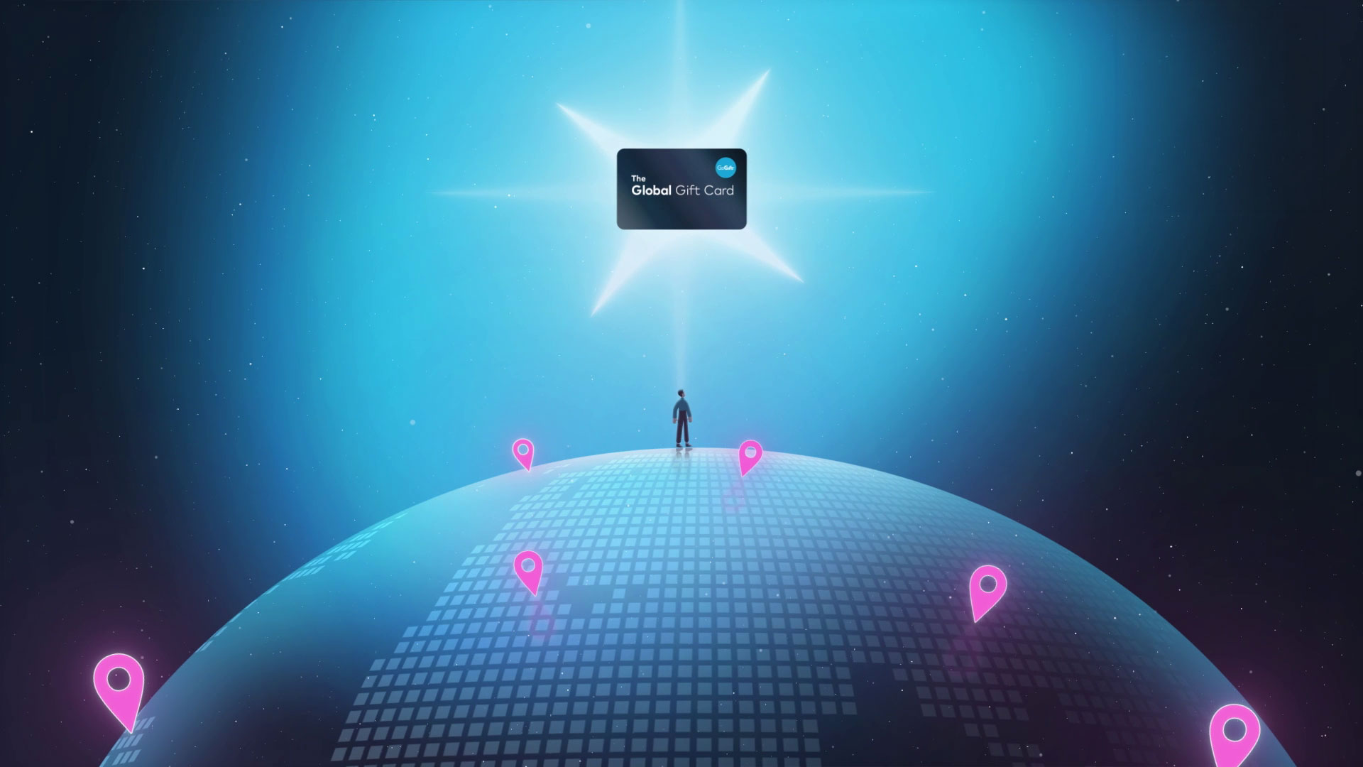 The Global Gift Card floating above a digital globe with location pins, symbolizing global reach