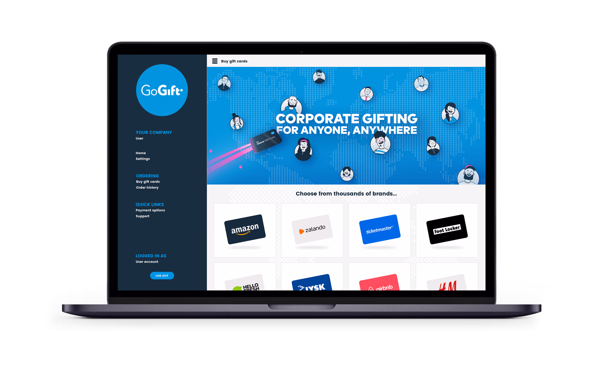 Laptop showing GoGift's Business Platform admin dashboard with the heading 'Corporate gifting for anyone, anywhere'