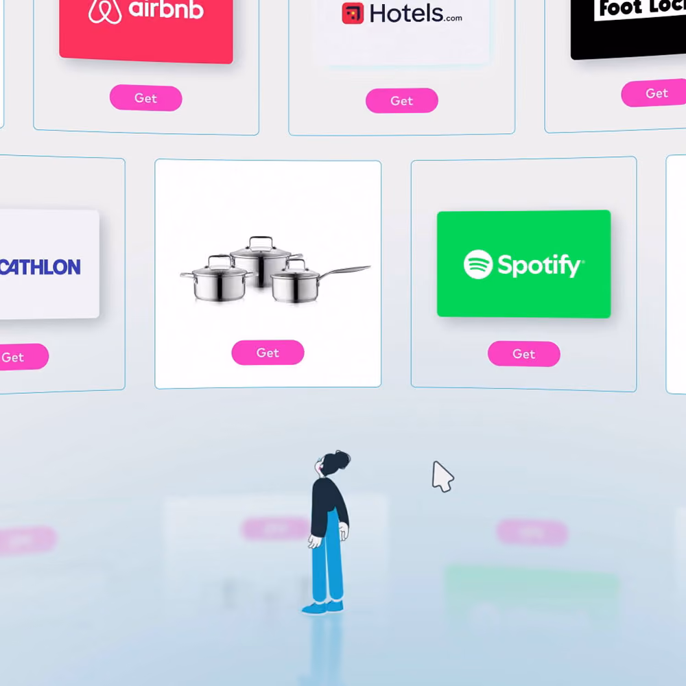 Grid of redeemable brand logos including Airbnb, Hotels.com, Foot Locker, cookware, and Spotify, each with a 'Get' button