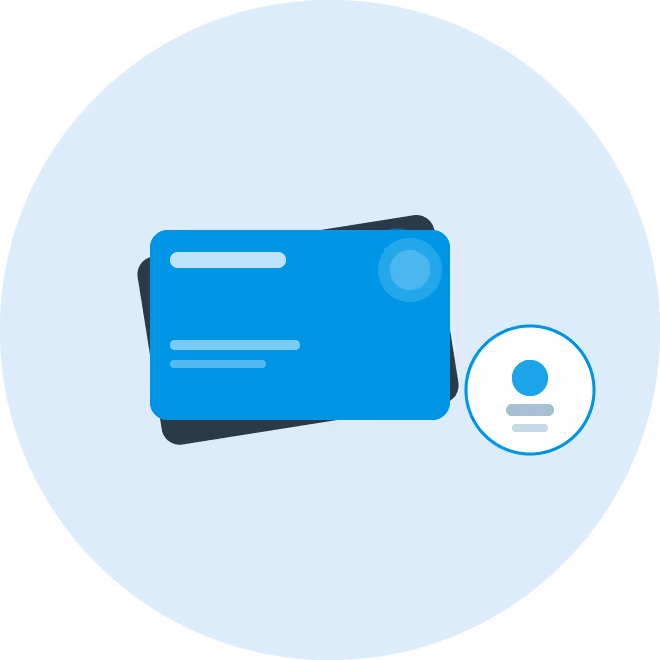 Laptop screen showing a payment card next to a user account icon