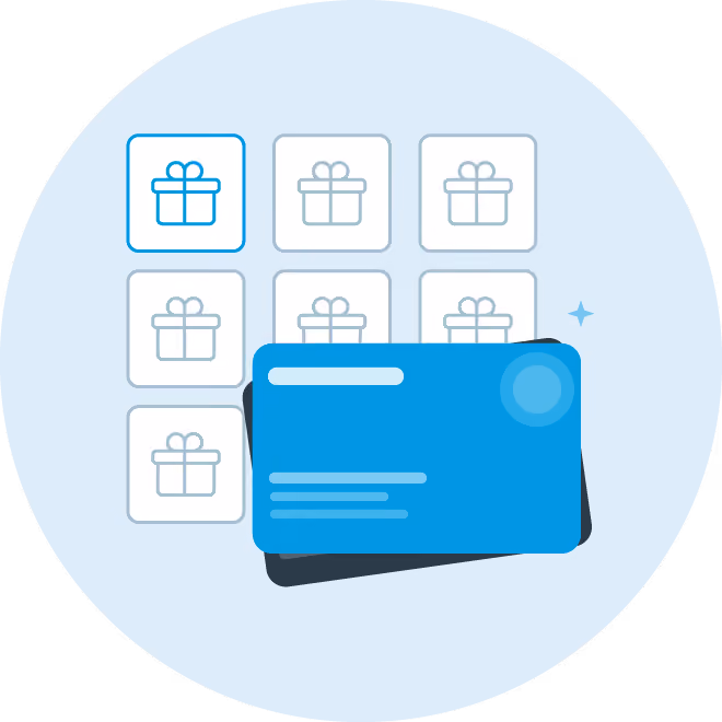 Laptop screen showing a grid of gift options next to a payment card, representing reward selection