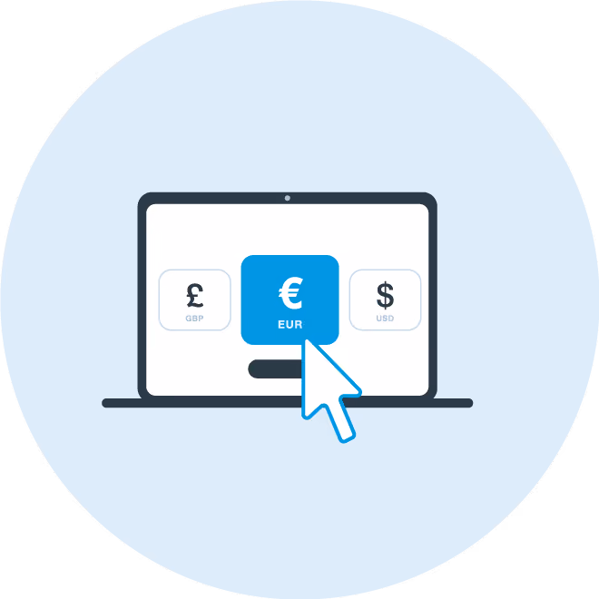 Laptop screen showing a currency selector with GBP, EUR, and USD options, with EUR selected