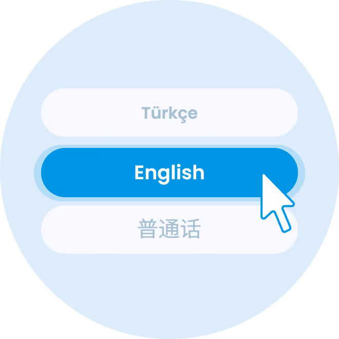 Language selection menu showing Turkish, English, and Chinese options, with English selected