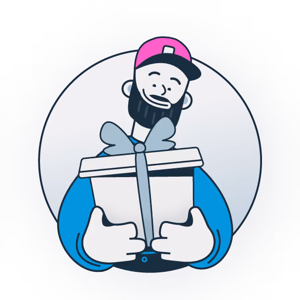 Illustration of a smiling bearded man in a pink cap holding a wrapped gift box