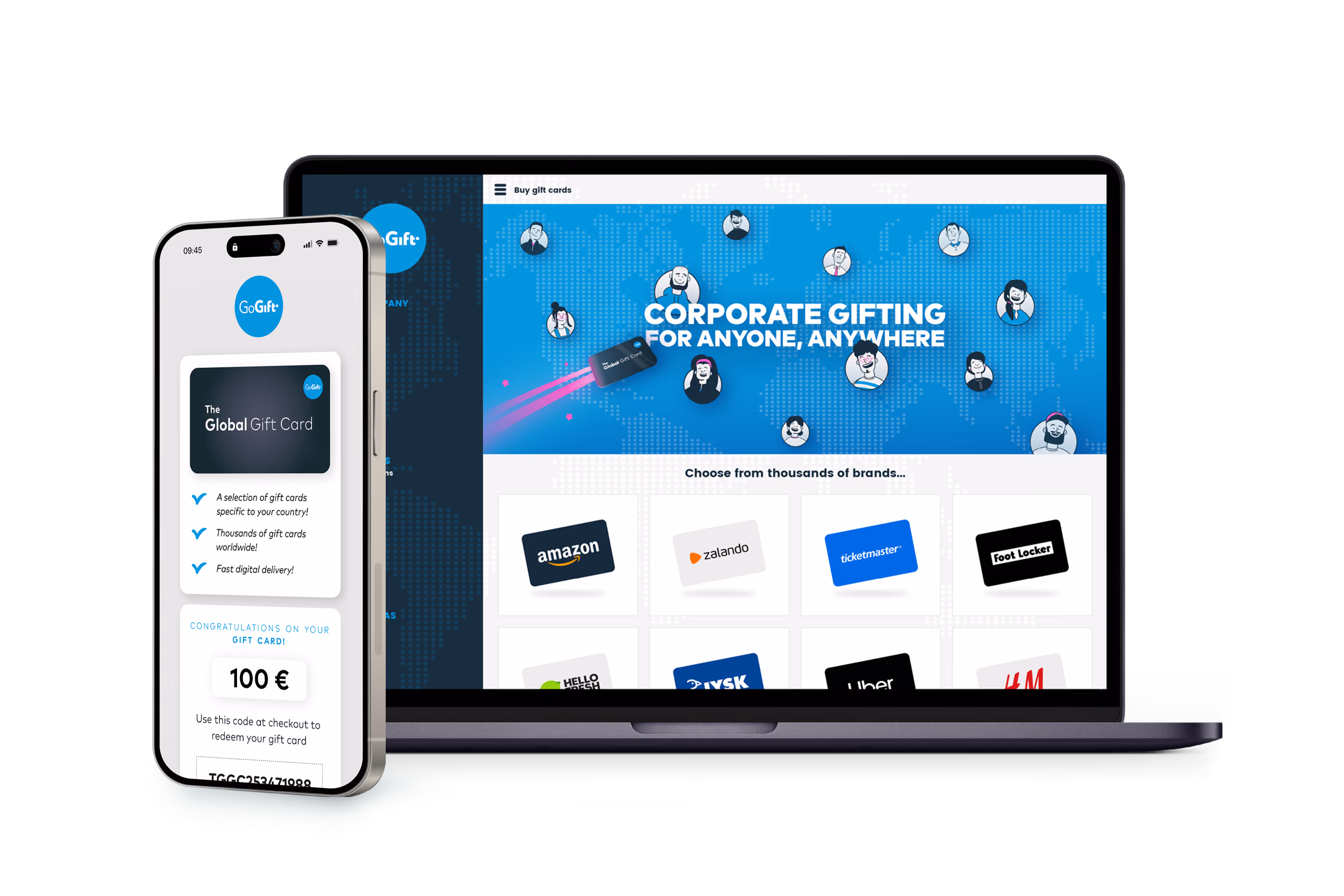 GoGift Global Gift Card platform shown on laptop and mobile devices