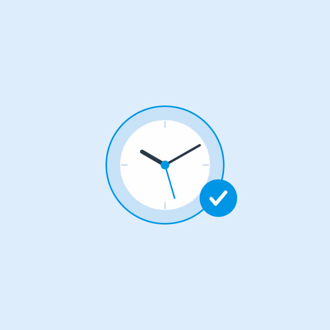 Clock showing 10:10 with a blue checkmark, symbolizing time management or task completion.