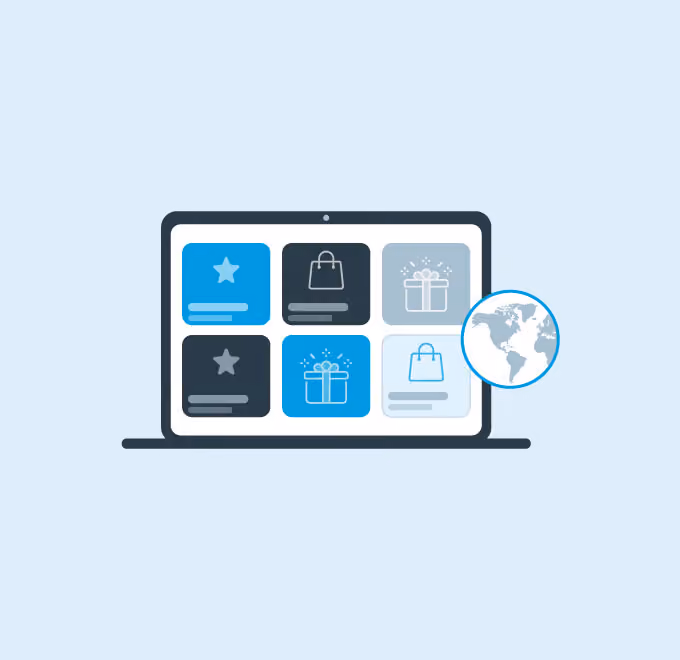 Laptop screen with six app icons showing stars, shopping bags, and gift boxes with a globe icon on the side.