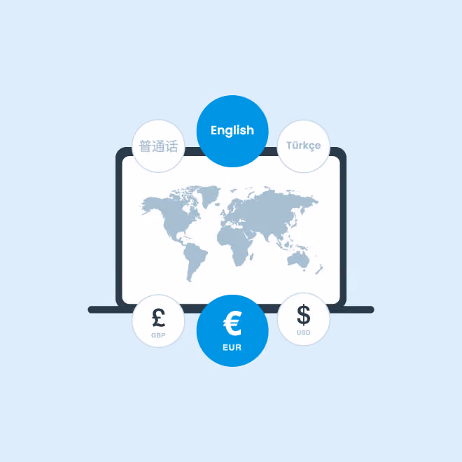 Laptop displaying world map with language and currency options including English, Turkish, GBP, EUR, and USD.