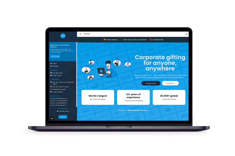 Grid of physical reward products available through GoGift's catalog, including travel gear, kitchen appliances, and home goods
