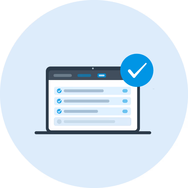 Laptop screen showing a checklist with blue check marks and a large blue check icon.