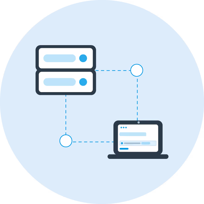 Network diagram showing two servers connected to a laptop with dotted lines in a circular blue background.