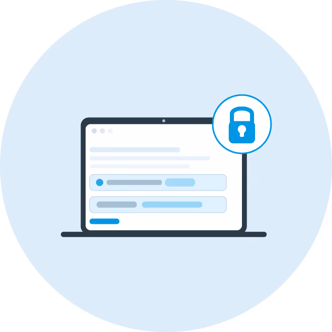 Laptop screen showing a form with text fields and a blue lock icon indicating security.