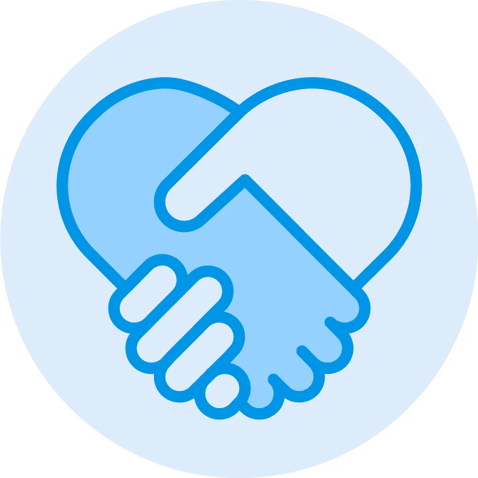 Two hands shaking forming a heart shape inside a blue circle.