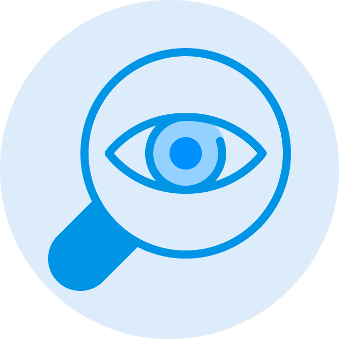 Blue magnifying glass icon with an eye inside on a light blue circular background.