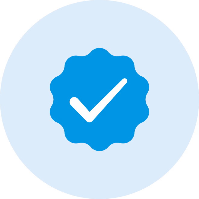 Blue badge with a white checkmark symbolizing verification or approval.