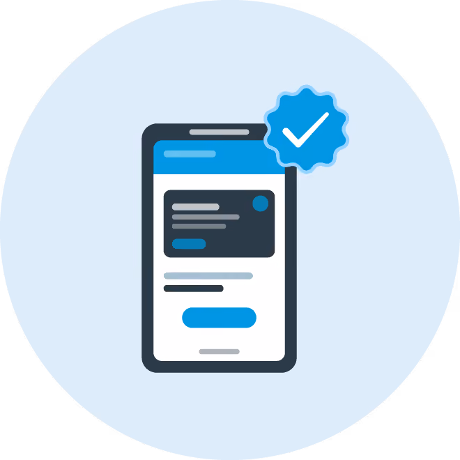 Illustration of a mobile phone screen with a blue checkmark badge indicating verification or approval.