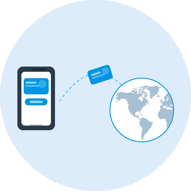 Graphic of a smartphone sending a digital card icon toward a globe representing global digital communication.