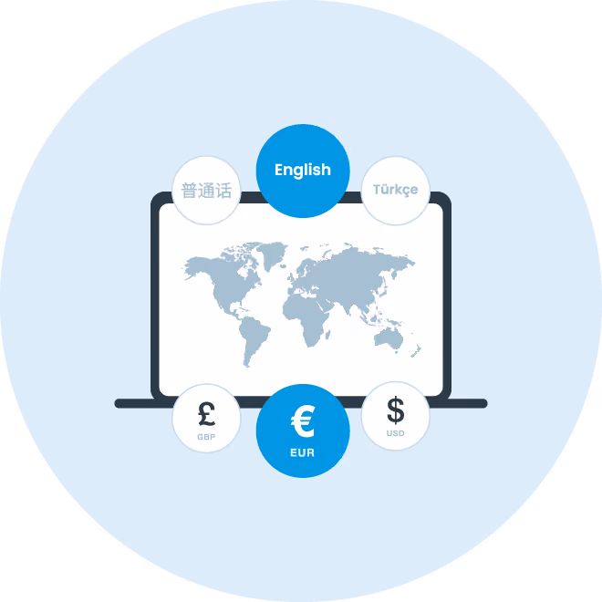 Laptop with world map and selectable language options English, Mandarin, Turkish, and currencies GBP, EUR, USD.