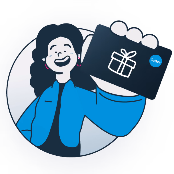 Illustration of a smiling woman holding a GoGift card with a gift box icon on it.