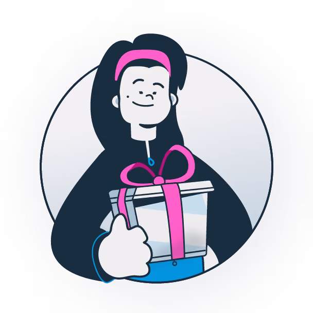 Illustration of a smiling person holding a gift box wrapped with a pink ribbon.