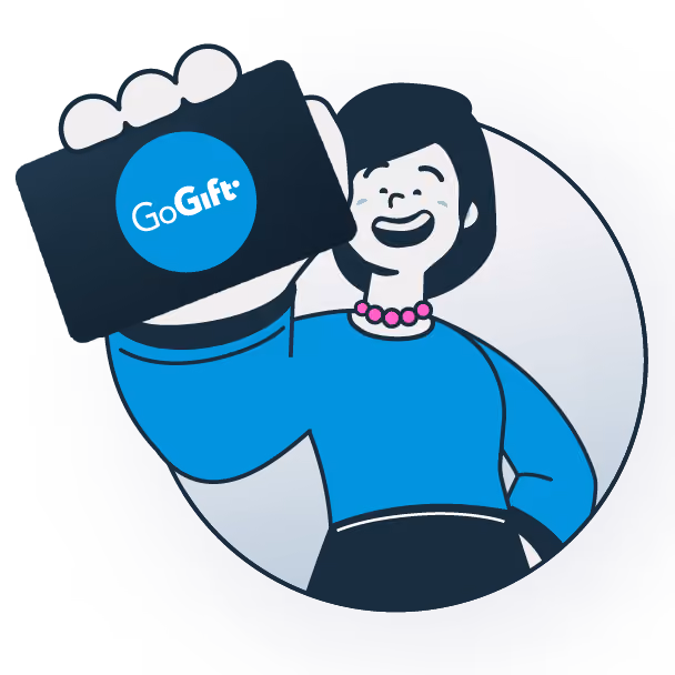 Cartoon woman smiling and holding up a GoGift card with a blue logo on a dark background.