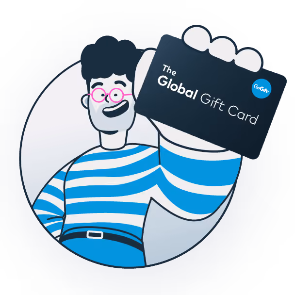 Illustration of a person with pink glasses holding up a black card labeled The Global Gift Card.