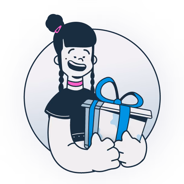 Cartoon girl with pigtails smiling and holding a gift box wrapped with a blue ribbon.