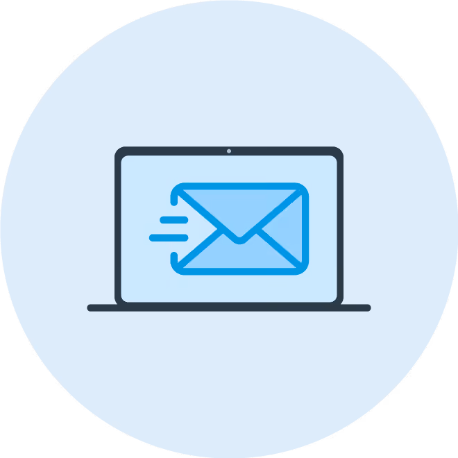 Laptop screen showing a blue envelope icon with motion lines representing an email being sent.