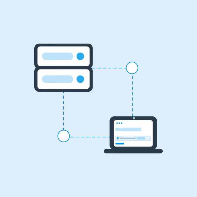 Illustration of two servers connected by dashed lines to a laptop with data on its screen.