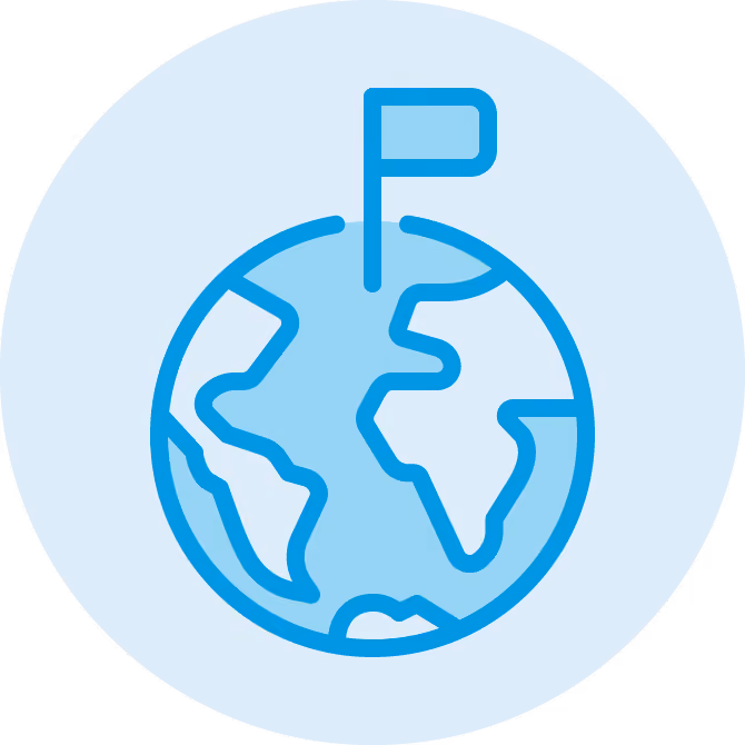 Blue line art of Earth with a flag planted on top inside a light blue circle.