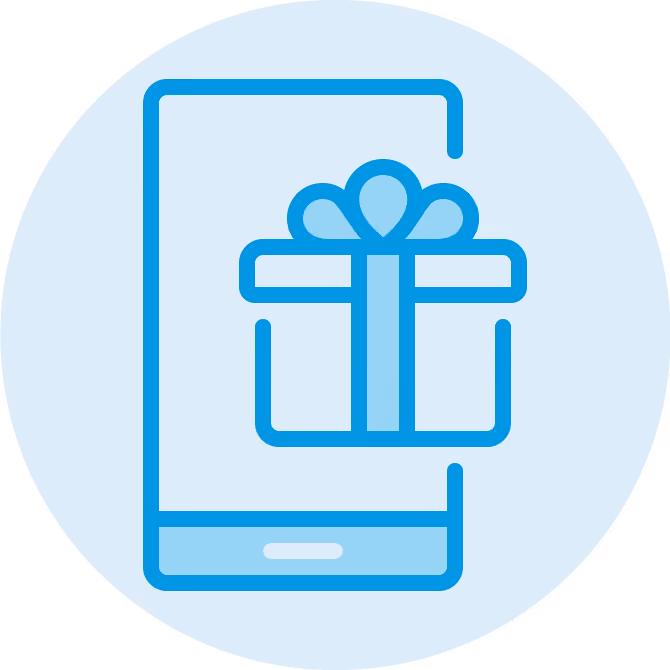 Blue line icon of a smartphone with a gift box on the screen inside a light blue circle.