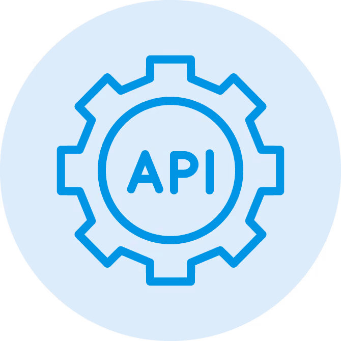 Blue gear icon with letters API in the center on a light blue circular background.