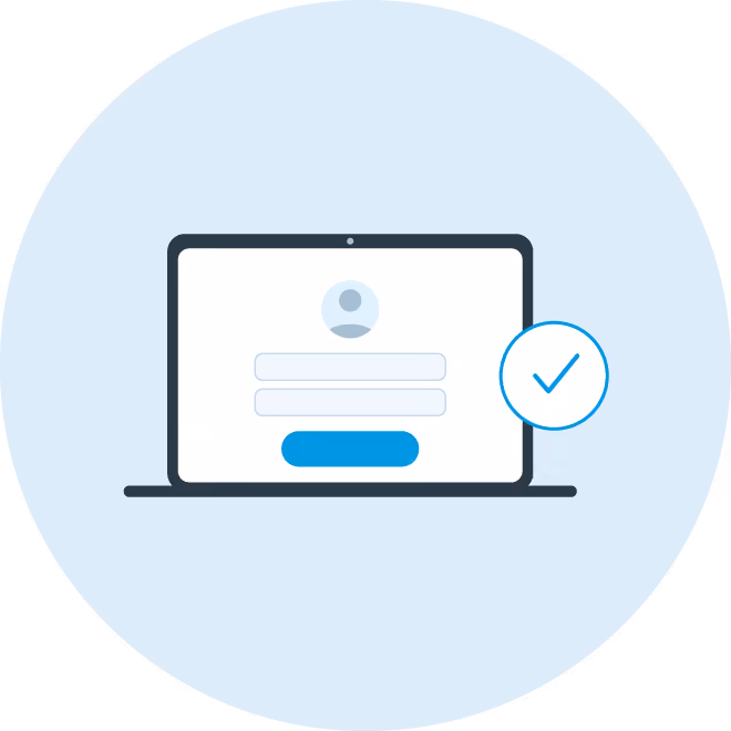 Laptop screen showing a login form with blank fields and a blue checkmark beside it.