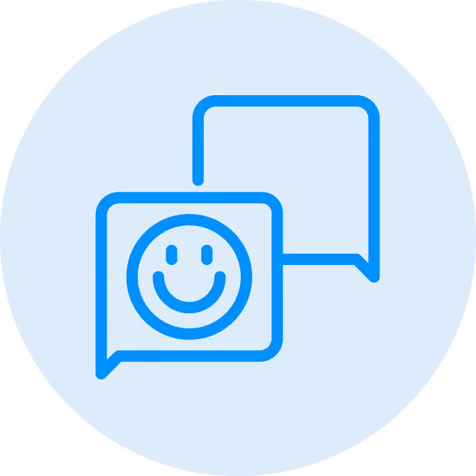 Two blue chat bubbles on a light blue circle, one bubble contains a smiling face emoji.