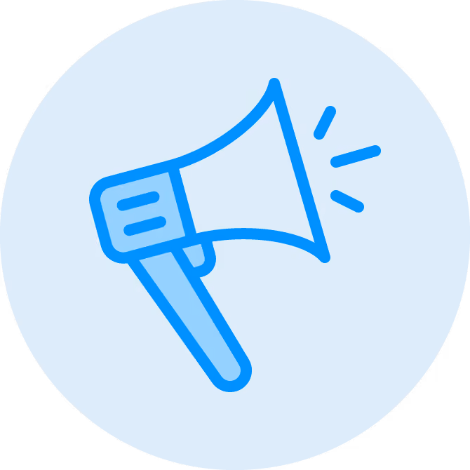 Blue megaphone icon with sound lines inside a light blue circle.