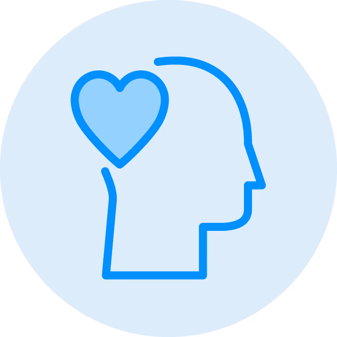 Outline of a human head with a heart shape inside, symbolizing emotional connection.