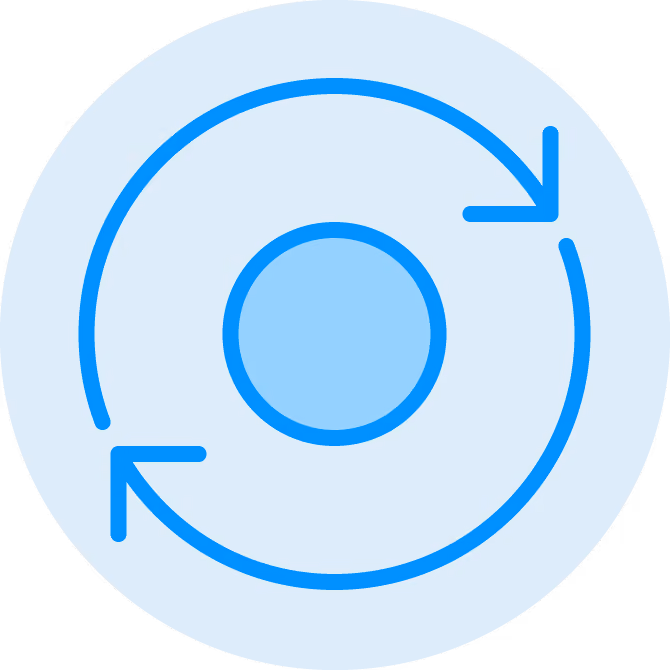 Blue circular arrows around a central dot symbolizing cycle or rotation.