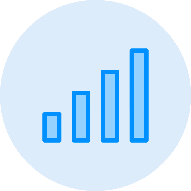 Blue bar chart icon with four ascending bars on a light blue circular background.